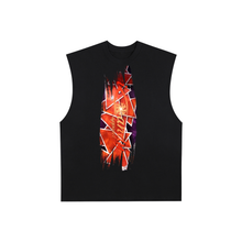 Load image into Gallery viewer, A black sleeveless crop top featuring a large, vibrant abstract graphic print on the front in red, orange, and purple tones, displayed against a solid white background.